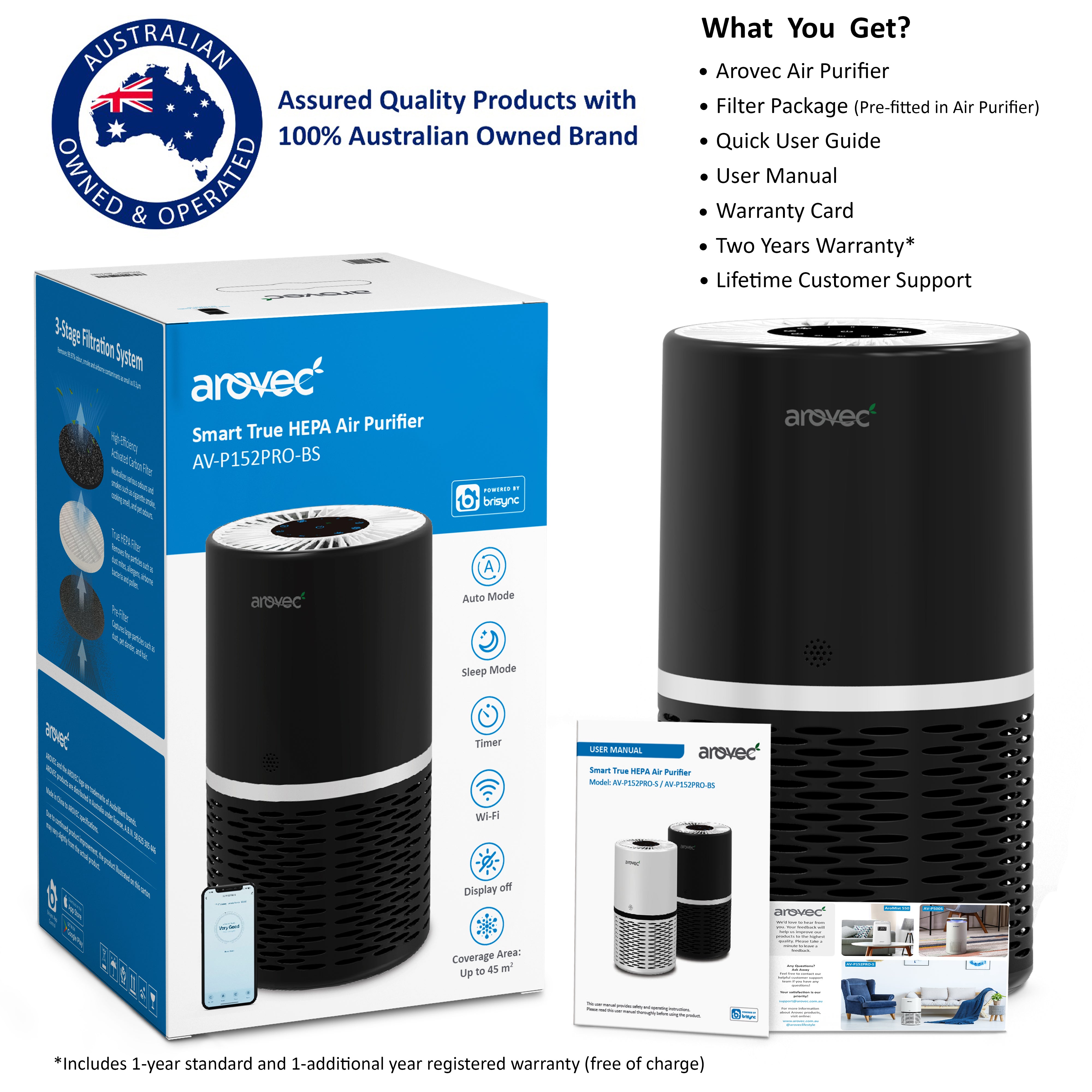 AROVEC Air Purifier Smart True HEPA, AV-P152PRO-BS