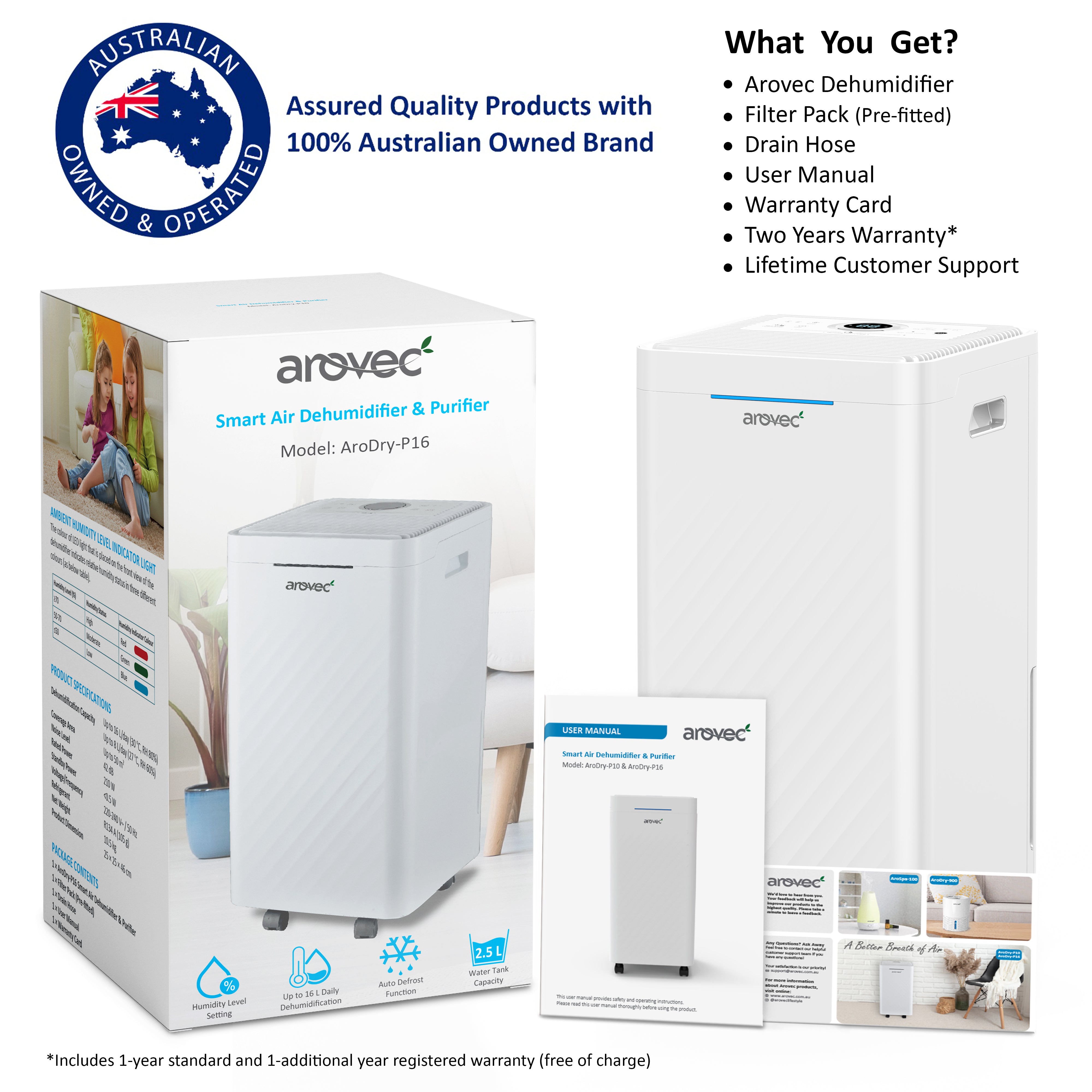 AROVEC Smart Dehumidifier & Air Purifier 2-in-1 Functionality, AroDry-P16
