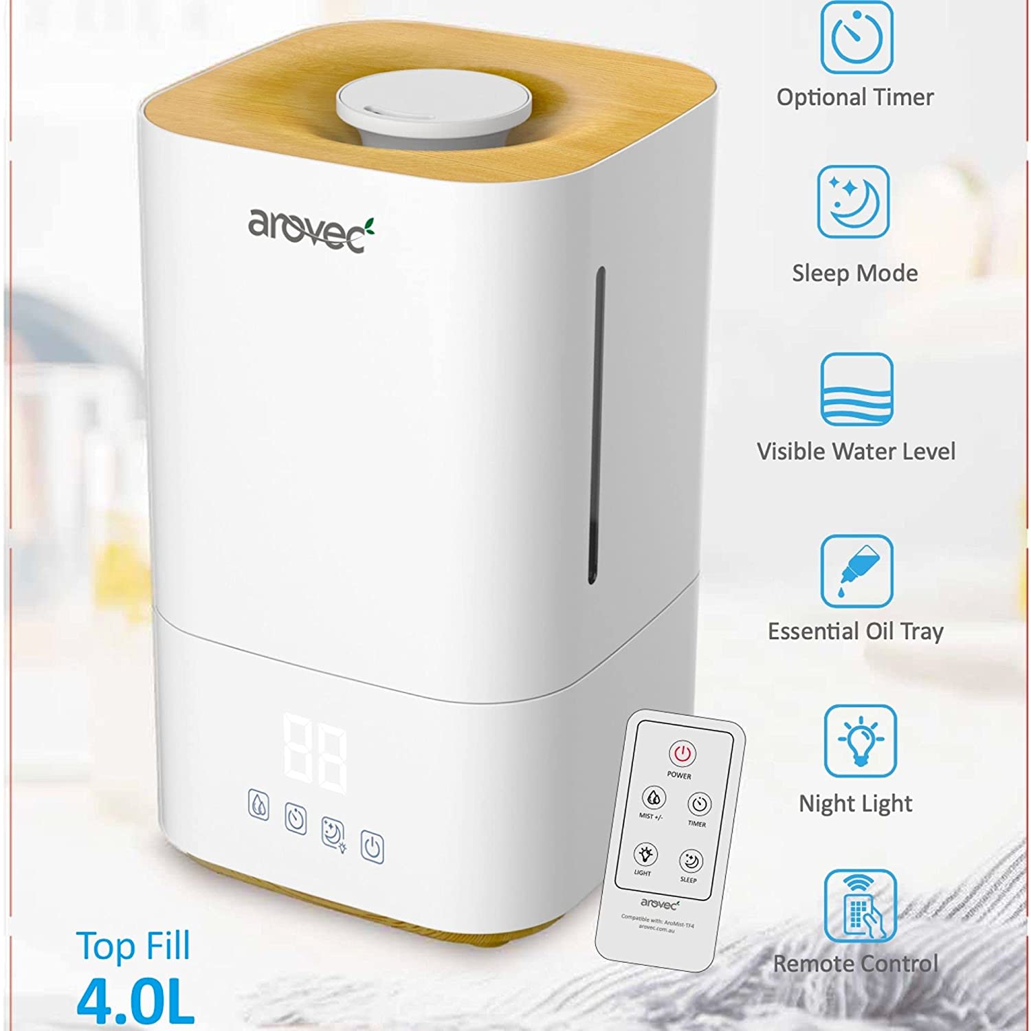 AROVEC Ultrasonic Top-Fill Cool Mist Humidifier, AroMist-TF4
