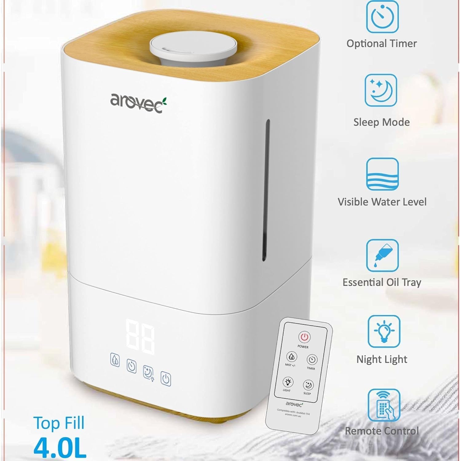 AROVEC Ultrasonic Top-Fill Cool Mist Humidifier, AroMist-TF4-R1  (Renew-Like New)