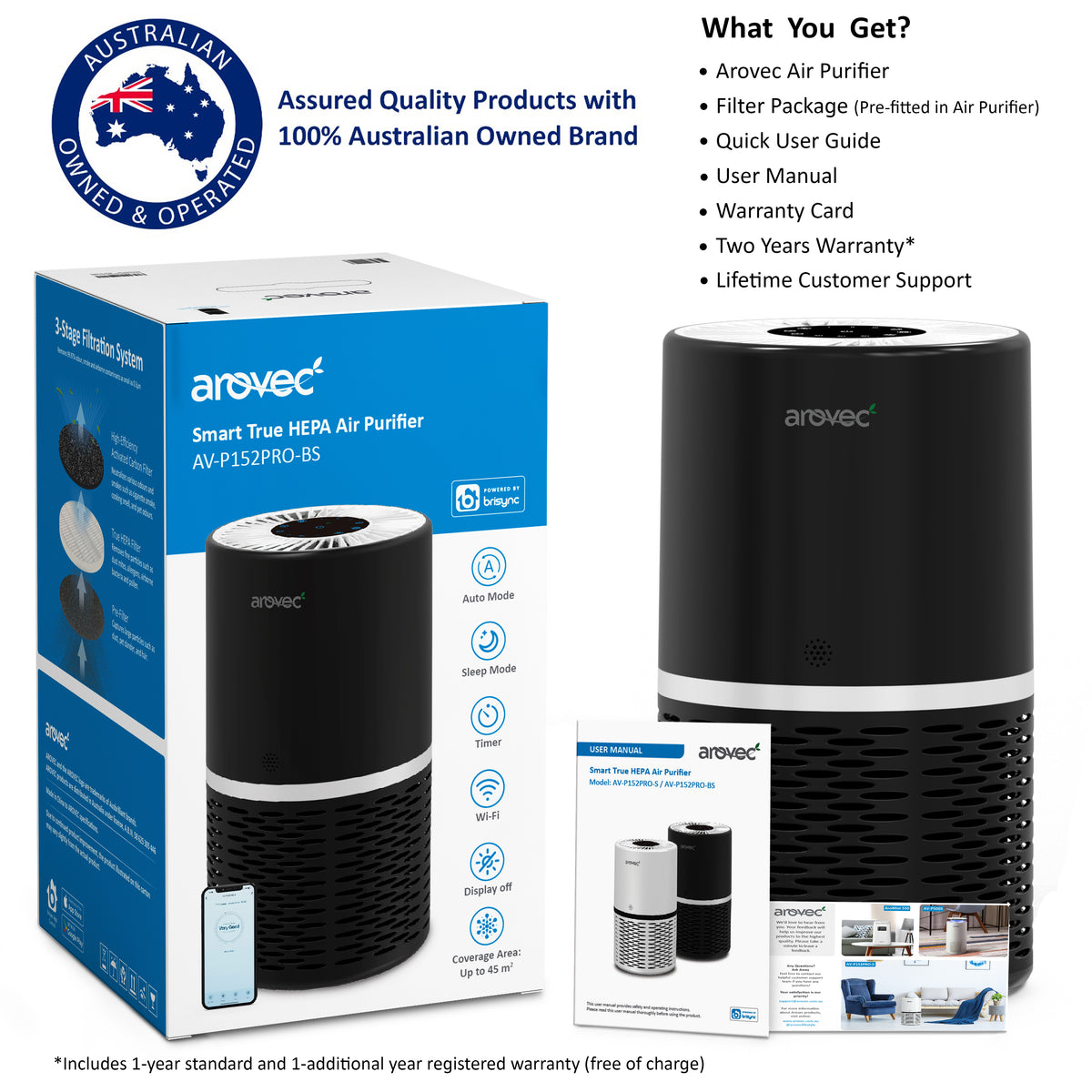 AROVEC Air Purifier Smart True HEPA, AV-P152PRO-BS