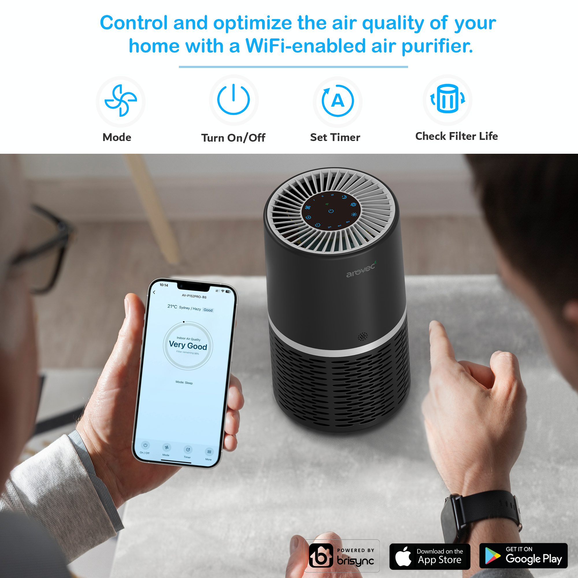 AROVEC Air Purifier Smart True HEPA, AV-P152PRO-BS