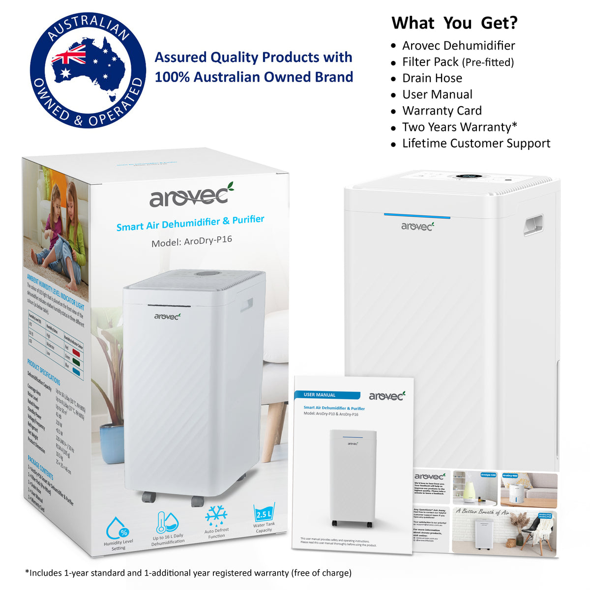 AROVEC Smart Dehumidifier & Air Purifier 2-in-1 Functionality, AroDry-P16