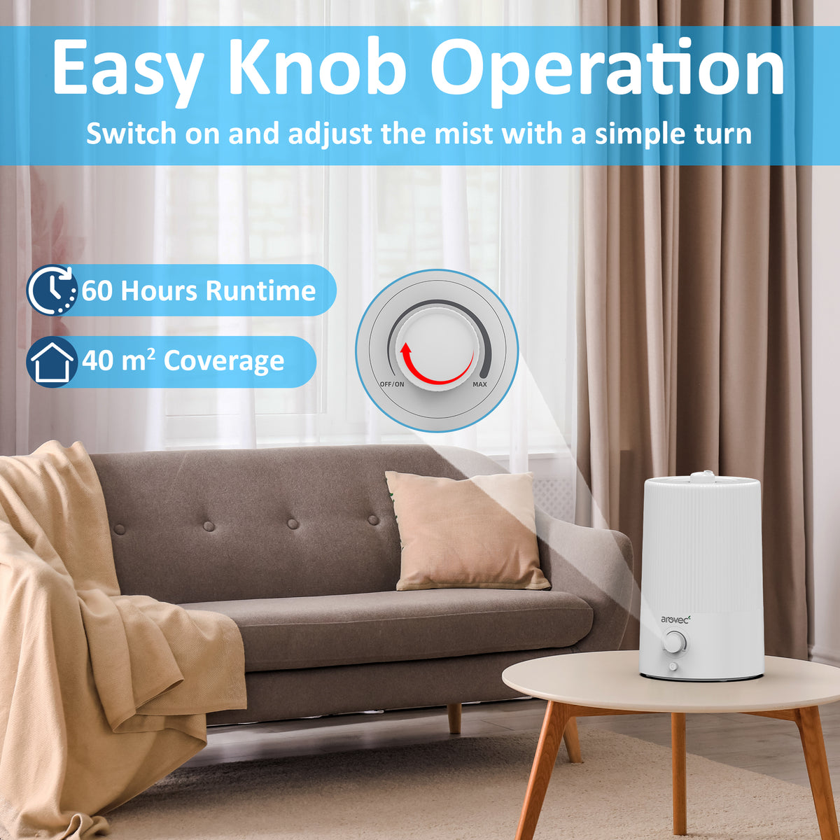 AROVEC Humidifier 4L Top-Fill Ultrasonic Air Humidifier, AroMist-250N
