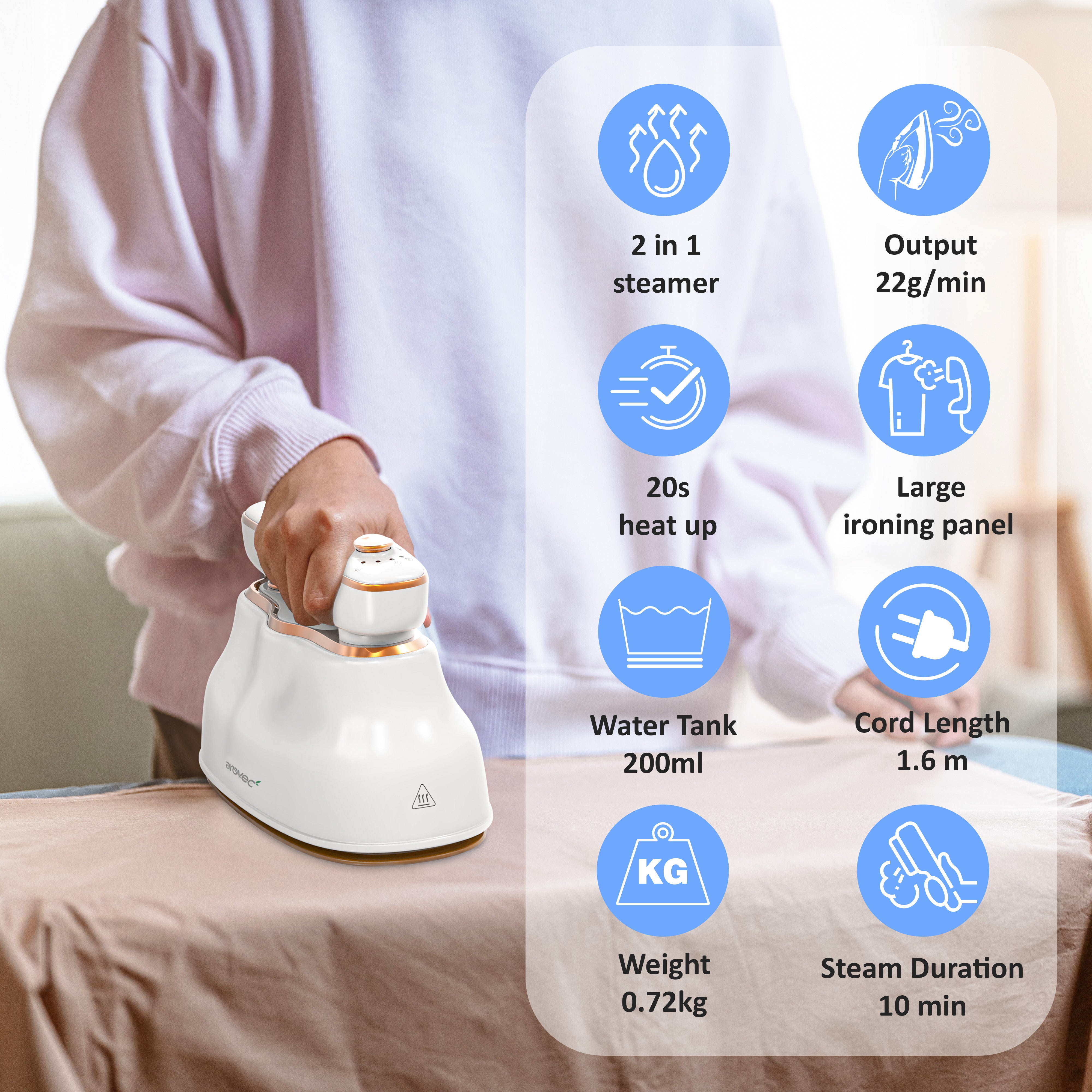 Arovec Clothes Steamer, 2-in-1 Iron & Hand Steamer, with 200ml Water Tank